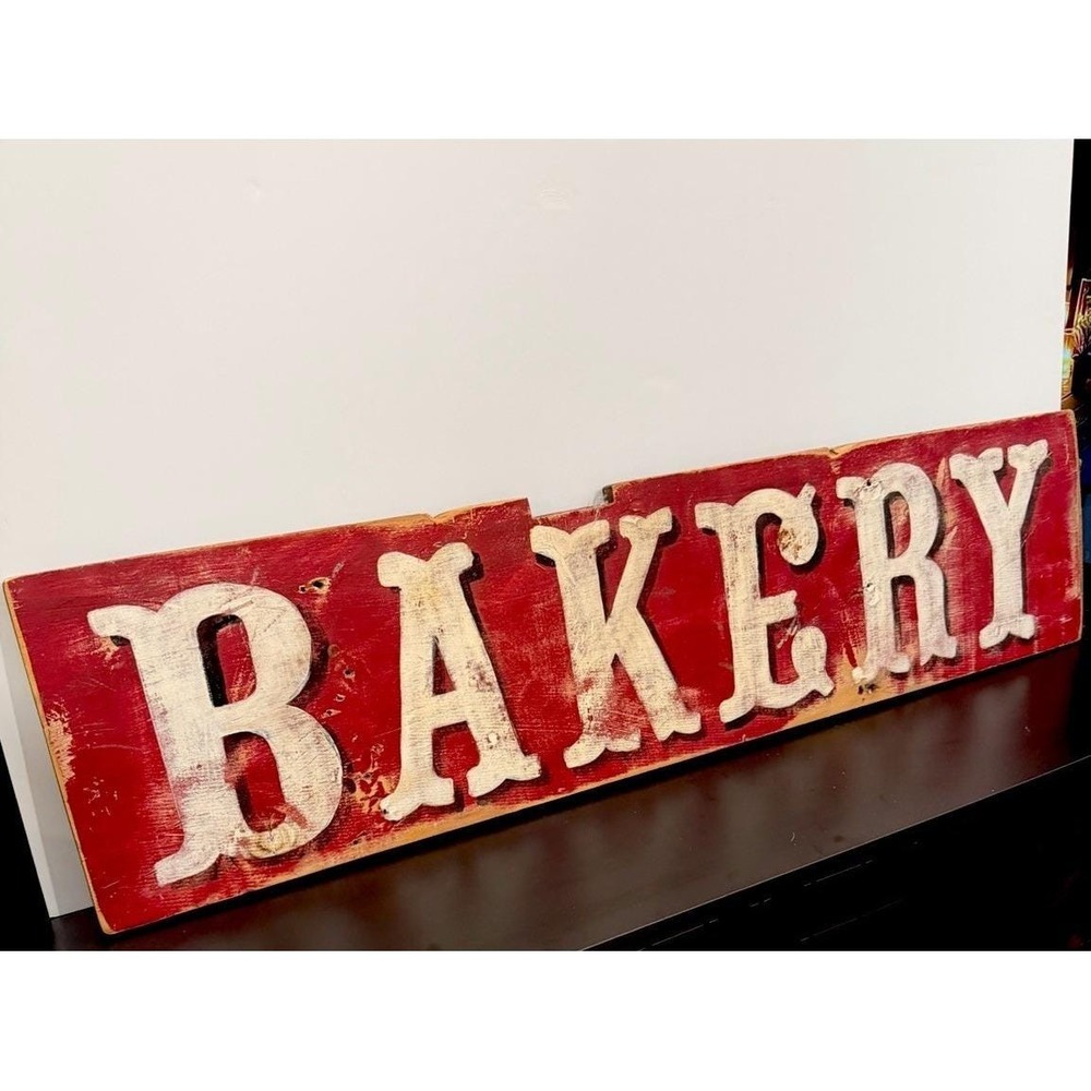 Vintage Bakery Wooden Store Sign Distressed Red White Wall Decor 47" Rustic